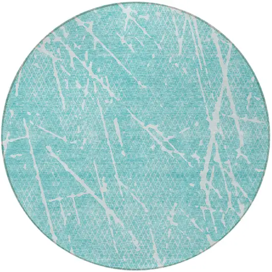 8' Teal Blue And Ivory Round Abstract Washable Indoor Outdoor Area Rug Photo 3