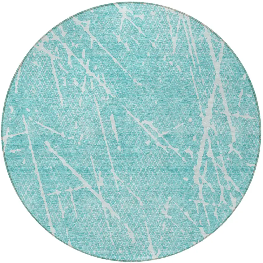 8' Teal Blue And Ivory Round Abstract Washable Indoor Outdoor Area Rug Photo 3