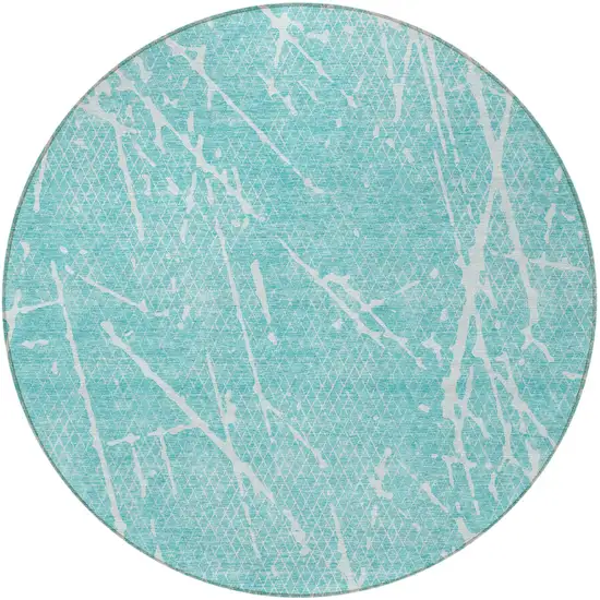 8' Teal Blue And Ivory Round Abstract Washable Indoor Outdoor Area Rug Photo 3