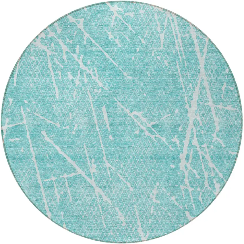 8' Teal Blue And Ivory Round Abstract Washable Indoor Outdoor Area Rug Photo 3