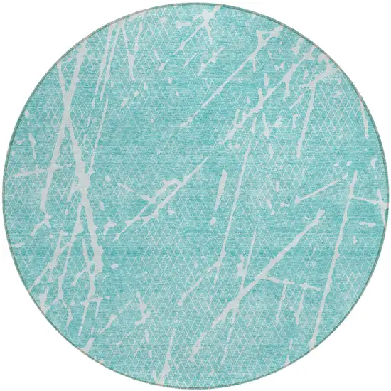 8' Teal Blue And Ivory Round Abstract Washable Indoor Outdoor Area Rug Photo 1
