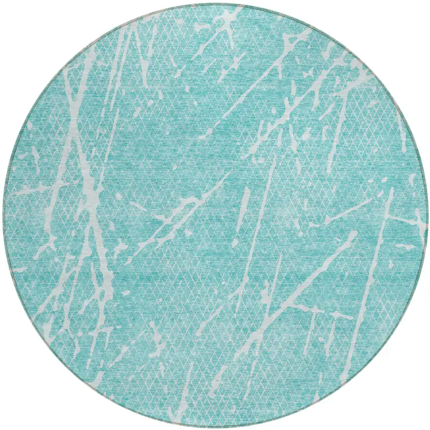 8' Teal Blue And Ivory Round Abstract Washable Indoor Outdoor Area Rug Photo 1