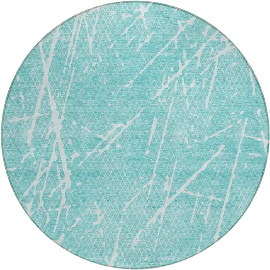 8' Teal Blue And Ivory Round Abstract Washable Indoor Outdoor Area Rug Photo 1