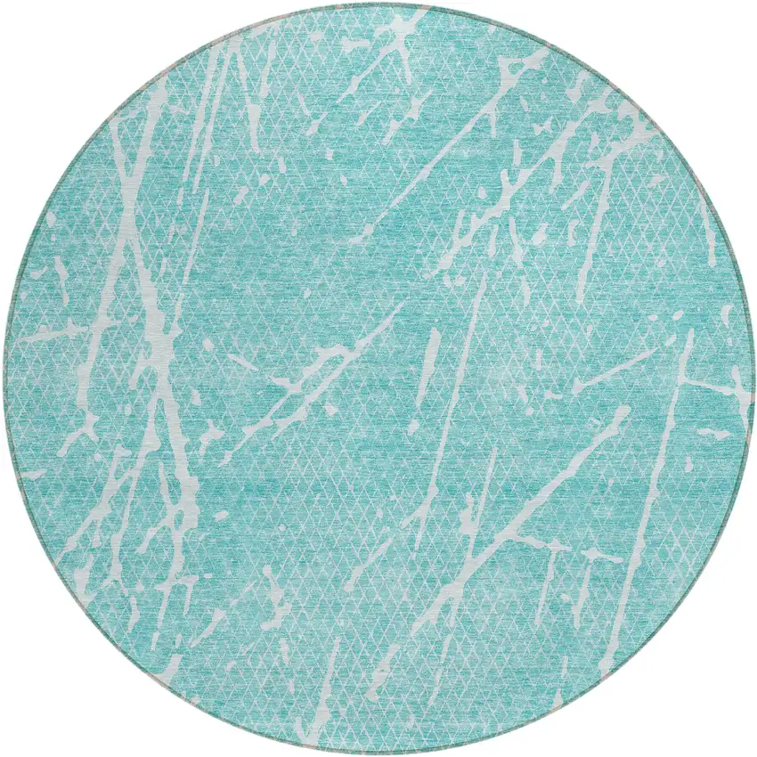 8' Teal Blue And Ivory Round Abstract Washable Indoor Outdoor Area Rug Photo 1