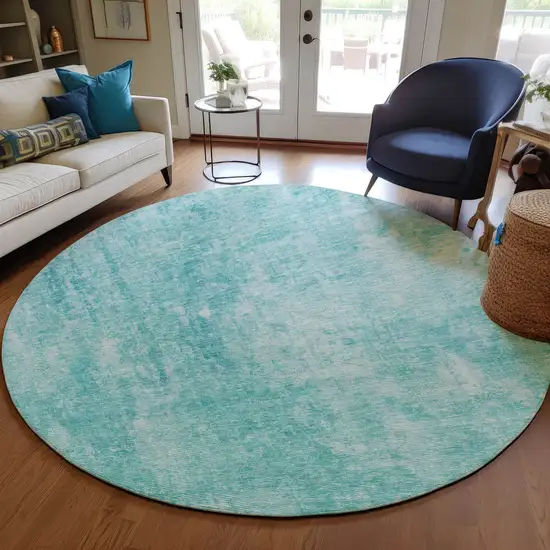 8' Teal Blue And Ivory Round Abstract Washable Indoor Outdoor Area Rug Photo 8