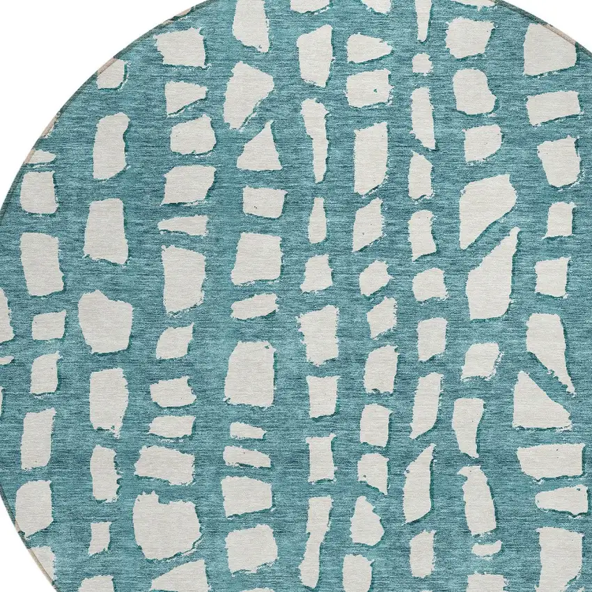 8' Teal Blue And Ivory Round Abstract Washable Indoor Outdoor Area Rug Photo 4