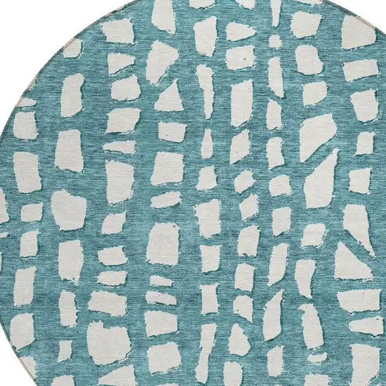 8' Teal Blue And Ivory Round Abstract Washable Indoor Outdoor Area Rug Photo 4