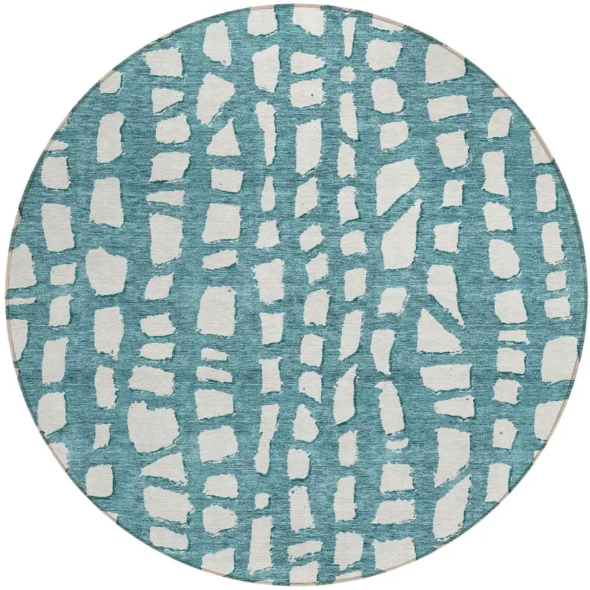 8' Teal Blue And Ivory Round Abstract Washable Indoor Outdoor Area Rug Photo 5