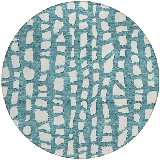 8' Teal Blue And Ivory Round Abstract Washable Indoor Outdoor Area Rug Photo 5