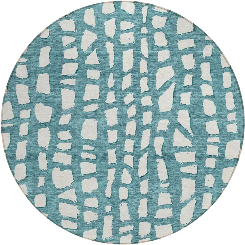 8' Teal Blue And Ivory Round Abstract Washable Indoor Outdoor Area Rug Photo 1