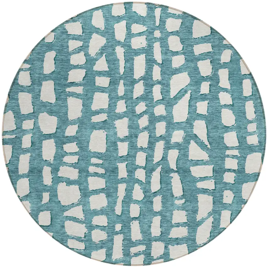 8' Teal Blue And Ivory Round Abstract Washable Indoor Outdoor Area Rug Photo 1