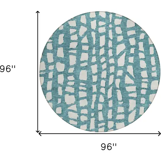 8' Teal Blue And Ivory Round Abstract Washable Indoor Outdoor Area Rug Photo 8