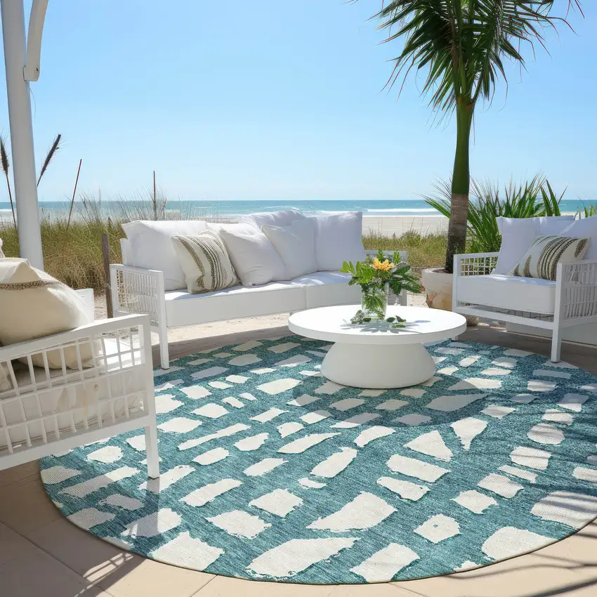 8' Teal Blue And Ivory Round Abstract Washable Indoor Outdoor Area Rug Photo 6