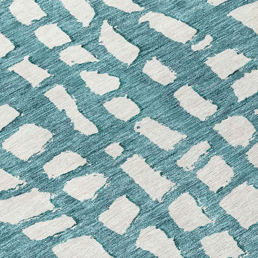 8' Teal Blue And Ivory Round Abstract Washable Indoor Outdoor Area Rug Photo 9