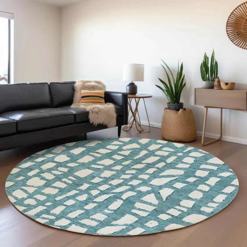 8' Teal Blue And Ivory Round Abstract Washable Indoor Outdoor Area Rug Photo 7