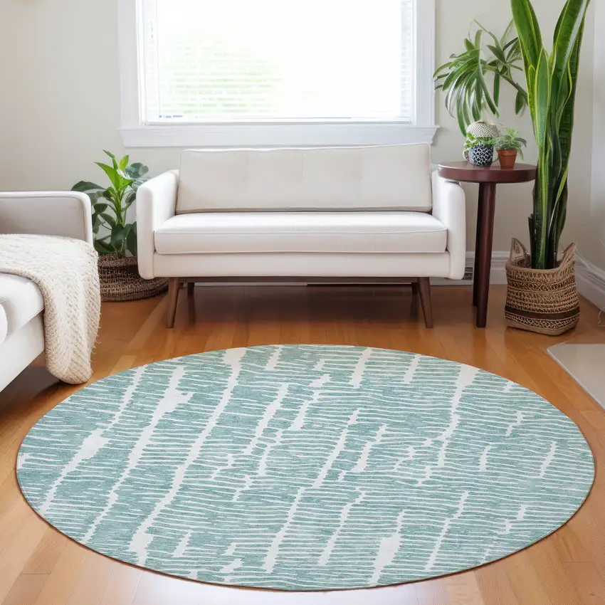 8' Teal Blue And Ivory Round Abstract Washable Indoor Outdoor Area Rug Photo 7