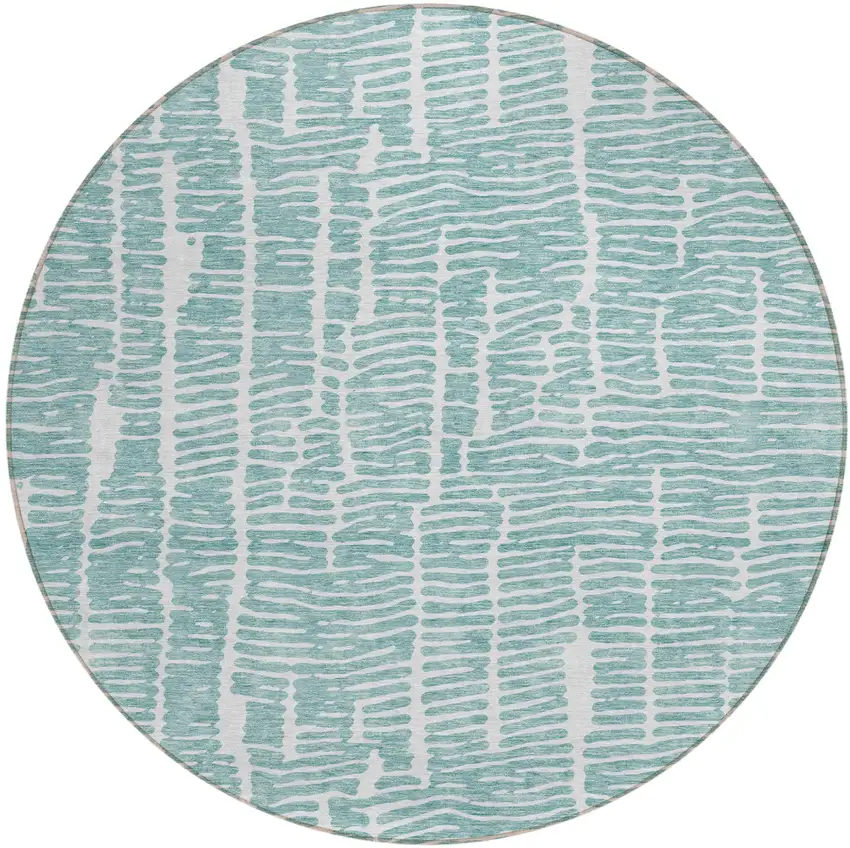 8' Teal Blue And Ivory Round Abstract Washable Indoor Outdoor Area Rug Photo 2
