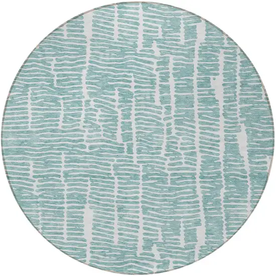 8' Teal Blue And Ivory Round Abstract Washable Indoor Outdoor Area Rug Photo 5