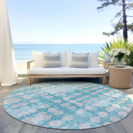 8' Teal Blue And Ivory Round Abstract Washable Indoor Outdoor Area Rug Photo 6