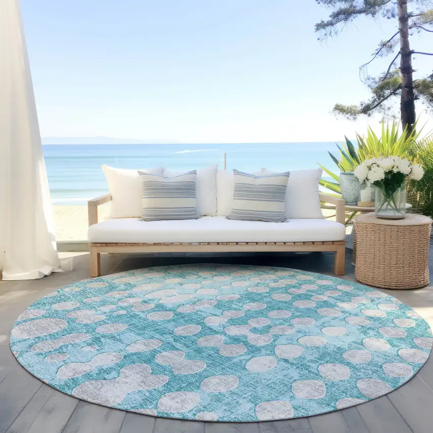 8' Teal Blue And Ivory Round Abstract Washable Indoor Outdoor Area Rug Photo 6