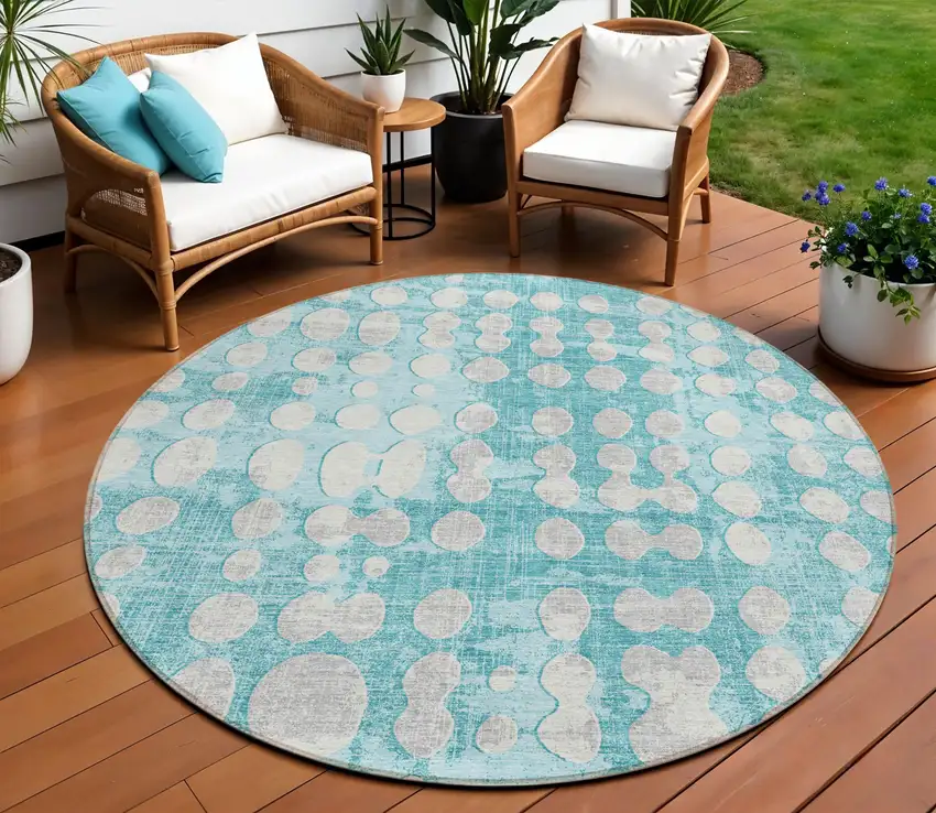 8' Teal Blue And Ivory Round Abstract Washable Indoor Outdoor Area Rug Photo 1
