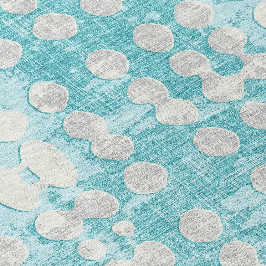 8' Teal Blue And Ivory Round Abstract Washable Indoor Outdoor Area Rug Photo 8