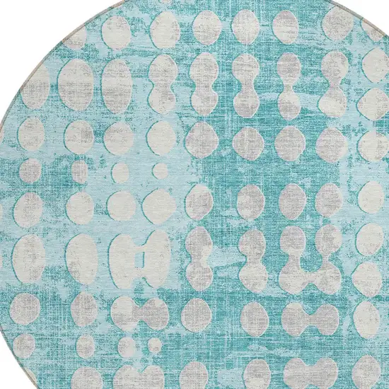 8' Teal Blue And Ivory Round Abstract Washable Indoor Outdoor Area Rug Photo 4