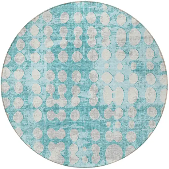 8' Teal Blue And Ivory Round Abstract Washable Indoor Outdoor Area Rug Photo 5