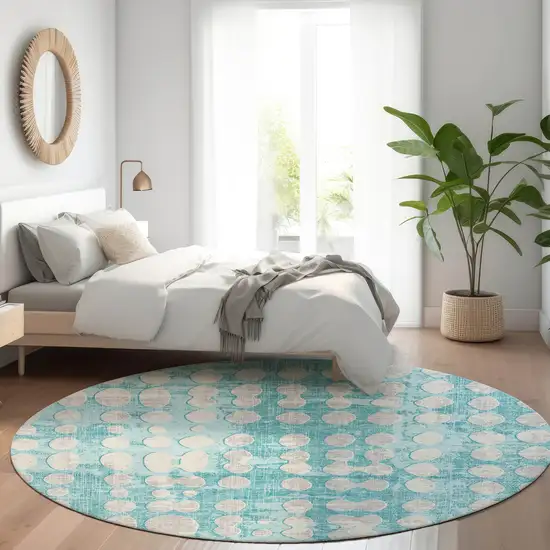 8' Teal Blue And Ivory Round Abstract Washable Indoor Outdoor Area Rug Photo 7