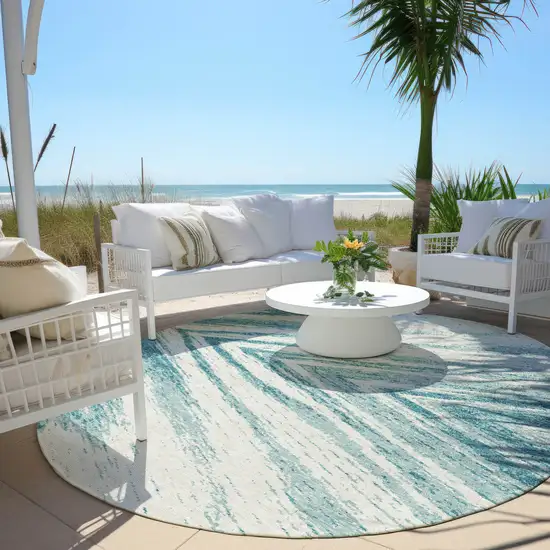 8' Teal Blue And Ivory Round Abstract Washable Indoor Outdoor Area Rug Photo 6