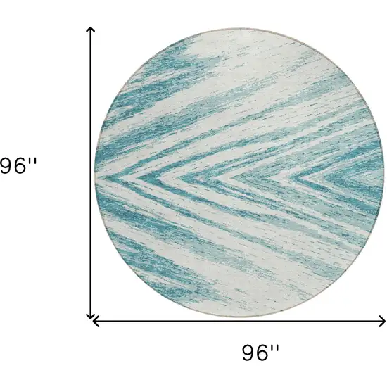 8' Teal Blue And Ivory Round Abstract Washable Indoor Outdoor Area Rug Photo 3