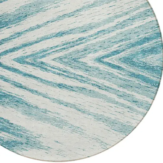 8' Teal Blue And Ivory Round Abstract Washable Indoor Outdoor Area Rug Photo 4