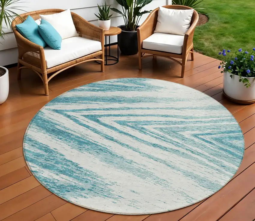 8' Teal Blue And Ivory Round Abstract Washable Indoor Outdoor Area Rug Photo 1
