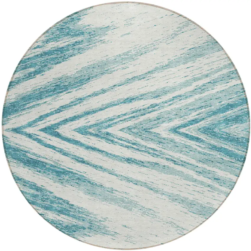 8' Teal Blue And Ivory Round Abstract Washable Indoor Outdoor Area Rug Photo 2