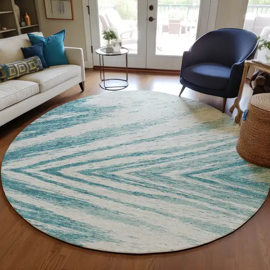 8' Teal Blue And Ivory Round Abstract Washable Indoor Outdoor Area Rug Photo 7