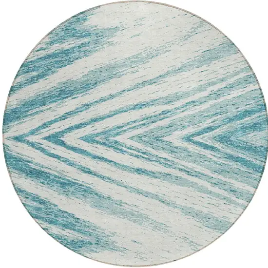 8' Teal Blue And Ivory Round Abstract Washable Indoor Outdoor Area Rug Photo 5