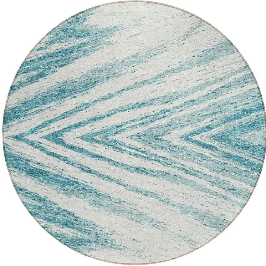 8' Teal Blue And Ivory Round Abstract Washable Indoor Outdoor Area Rug Photo 5