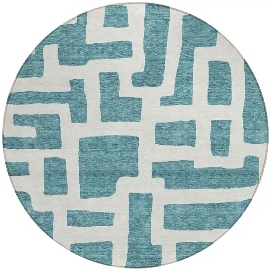 8' Teal Blue And Ivory Round Abstract Washable Indoor Outdoor Area Rug Photo 5