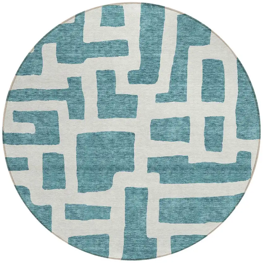 8' Teal Blue And Ivory Round Abstract Washable Indoor Outdoor Area Rug Photo 5