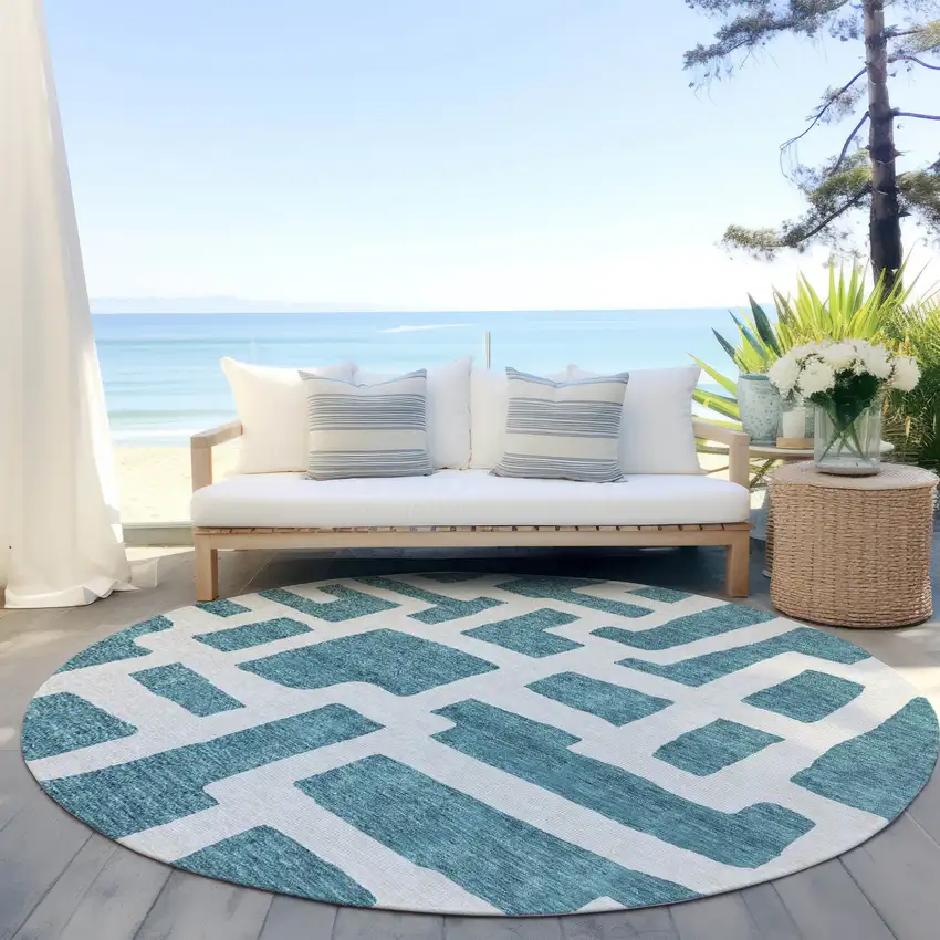 8' Teal Blue And Ivory Round Abstract Washable Indoor Outdoor Area Rug Photo 6