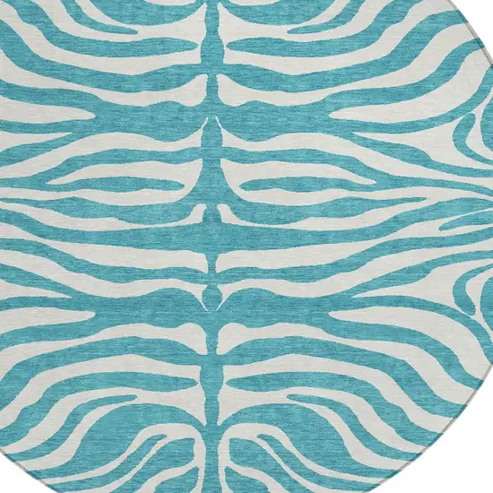 8' Teal Blue And Ivory Round Animal Print Washable Indoor Outdoor Area Rug Photo 5