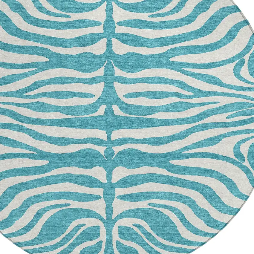 8' Teal Blue And Ivory Round Animal Print Washable Indoor Outdoor Area Rug Photo 5