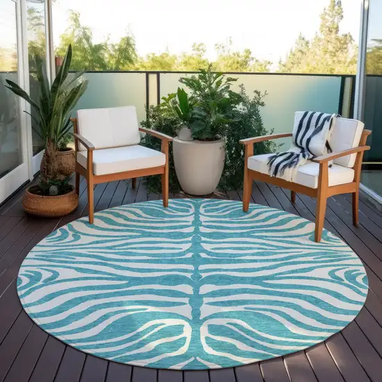 8' Teal Blue And Ivory Round Animal Print Washable Indoor Outdoor Area Rug Photo 7
