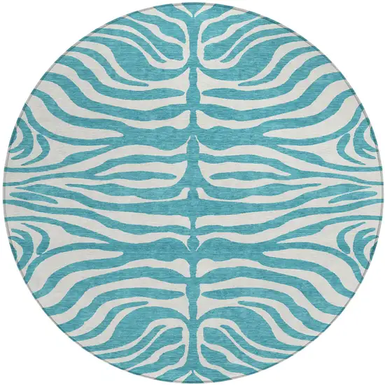 8' Teal Blue And Ivory Round Animal Print Washable Indoor Outdoor Area Rug Photo 2