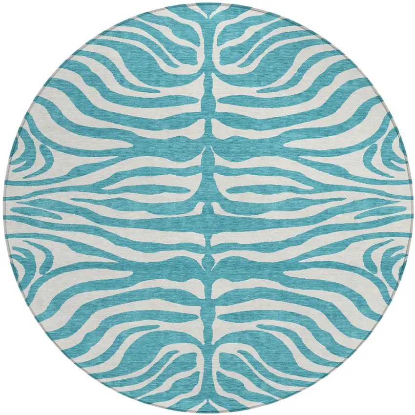 8' Teal Blue And Ivory Round Animal Print Washable Indoor Outdoor Area Rug Photo 2