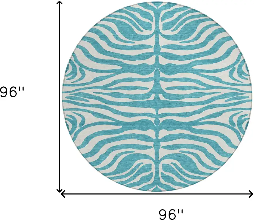 8' Teal Blue And Ivory Round Animal Print Washable Indoor Outdoor Area Rug Photo 9