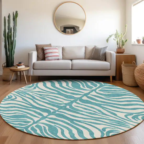 8' Teal Blue And Ivory Round Animal Print Washable Indoor Outdoor Area Rug Photo 8