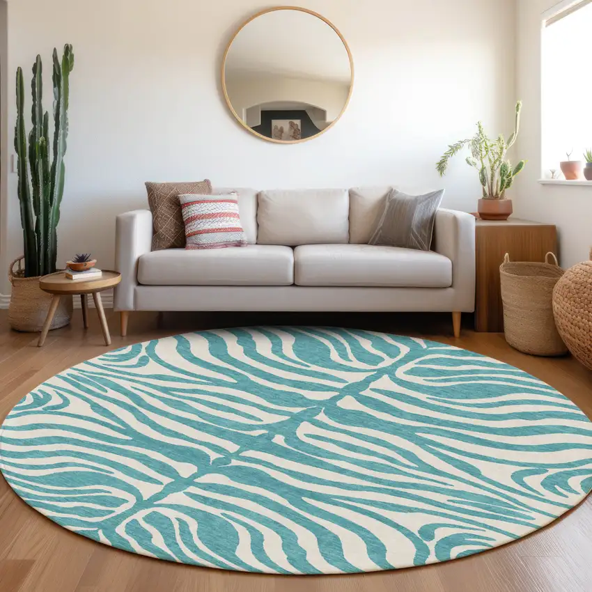 8' Teal Blue And Ivory Round Animal Print Washable Indoor Outdoor Area Rug Photo 8