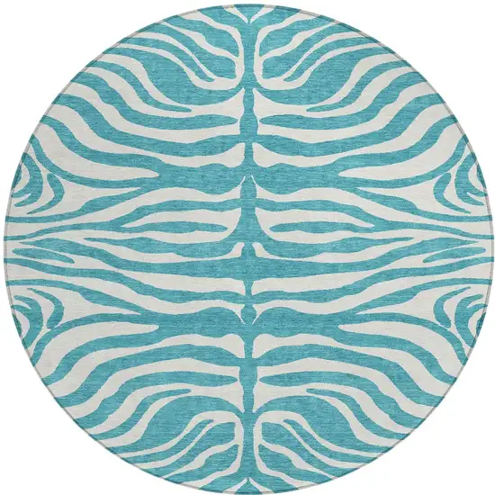 8' Teal Blue And Ivory Round Animal Print Washable Indoor Outdoor Area Rug Photo 6