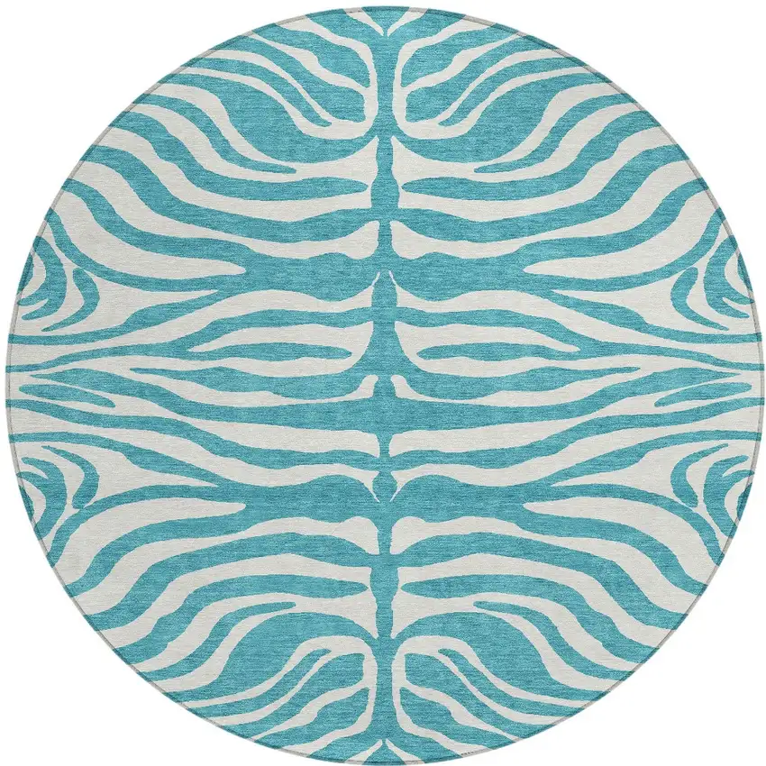 8' Teal Blue And Ivory Round Animal Print Washable Indoor Outdoor Area Rug Photo 6